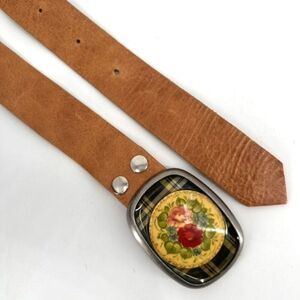 Vintage Allison Daniel Designs Women's Leather Plaid Floral Buckle Belt Brown